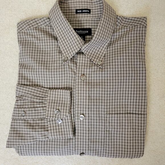 Van Heusen Size M 15-15 1/2 No Iron Button Down Long Sleeve Men's Shirt Brown - Picture 1 of 13